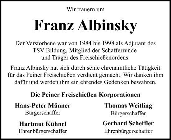 Traueranzeige von Franz Albinsky von Peiner Allgemeine Zeitung