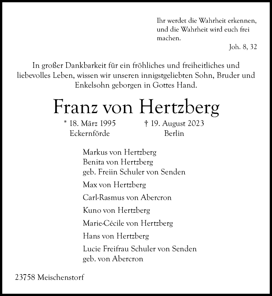 Traueranzeigen von Franz von Hertzberg | trauer-anzeigen.de