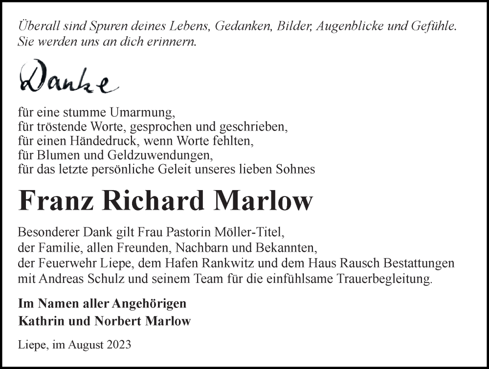  Traueranzeige für Franz Richard Marlow vom 19.08.2023 aus Ostsee-Zeitung GmbH