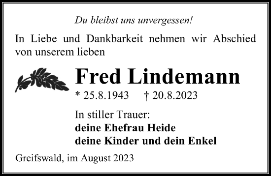 Traueranzeige von Fred Lindemann von Ostsee-Zeitung GmbH