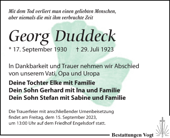 Traueranzeige von Georg Duddeck von Leipziger Volkszeitung