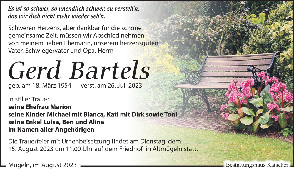  Traueranzeige für Gerd Bartels vom 05.08.2023 aus Leipziger Volkszeitung