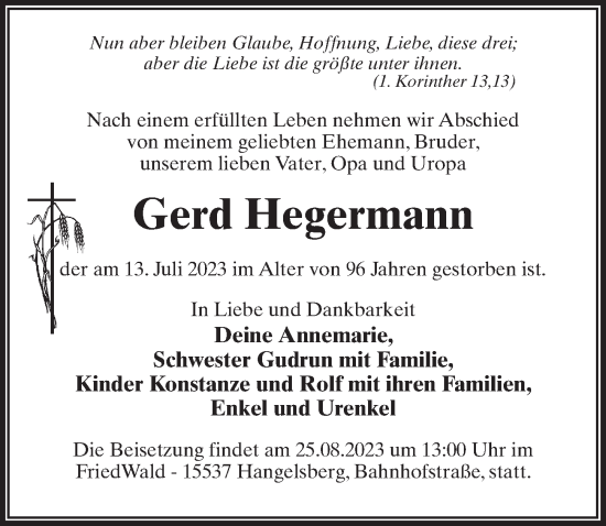 Traueranzeige von Gerd Hegermann von Märkischen Allgemeine Zeitung