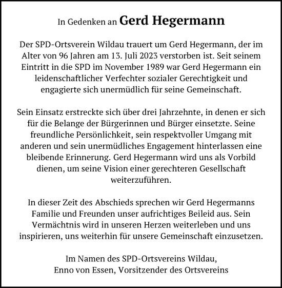 Traueranzeige von Gerd Hegermann von Märkischen Allgemeine Zeitung