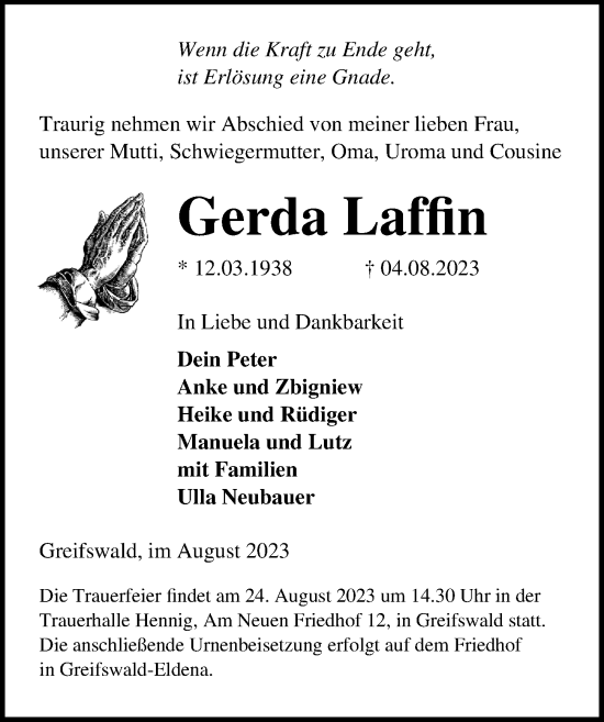 Traueranzeige von Gerda Laffin von Ostsee-Zeitung GmbH