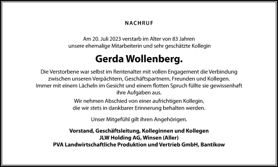 Traueranzeige von Gerda Wollenberg