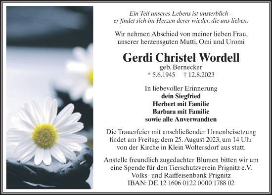 Traueranzeige von Gerdi Christel Wordell von Märkischen Allgemeine Zeitung