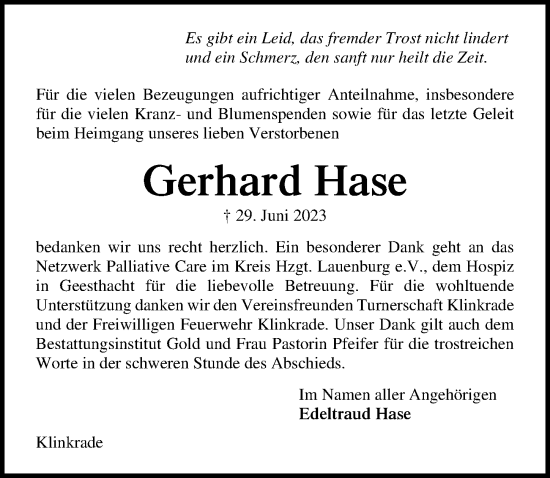 Traueranzeige von Gerhard Hase von Lübecker Nachrichten