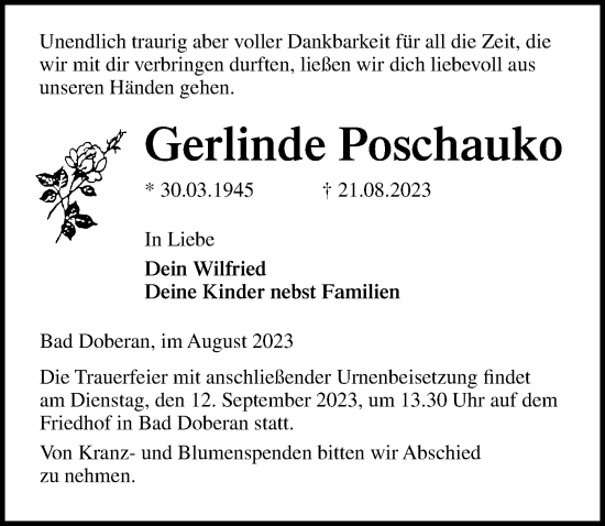 Traueranzeige von Gerlinde Poschauko von Ostsee-Zeitung GmbH