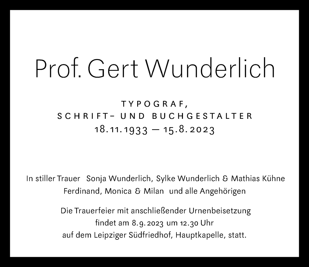  Traueranzeige für Gert Wunderlich vom 26.08.2023 aus Leipziger Volkszeitung