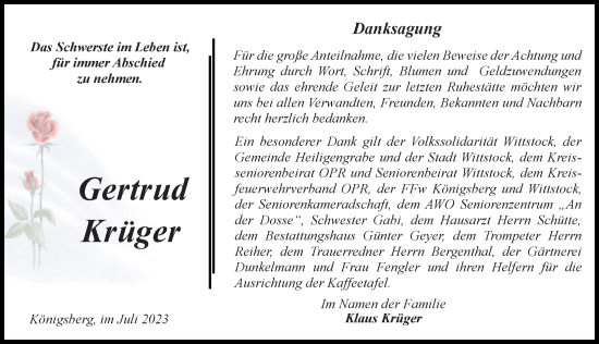 Traueranzeige von Gertrud Krüger von Märkischen Allgemeine Zeitung