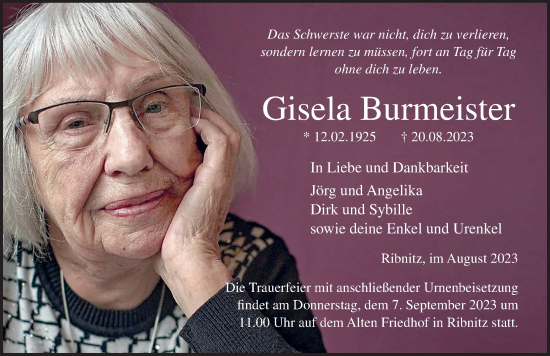 Traueranzeige von Gisela Burmeister von Ostsee-Zeitung GmbH