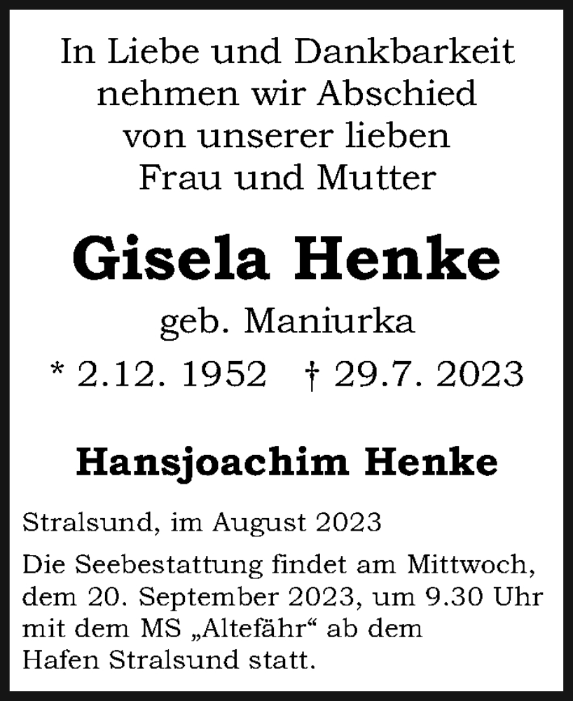  Traueranzeige für Gisela Henke vom 05.08.2023 aus Ostsee-Zeitung GmbH
