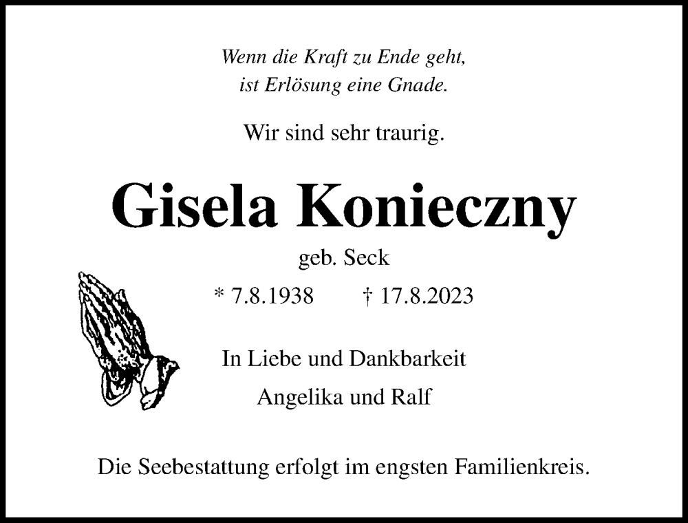  Traueranzeige für Gisela Konieczny vom 27.08.2023 aus Lübecker Nachrichten