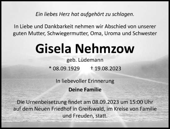 Traueranzeige von Gisela Nehmzow von Ostsee-Zeitung GmbH