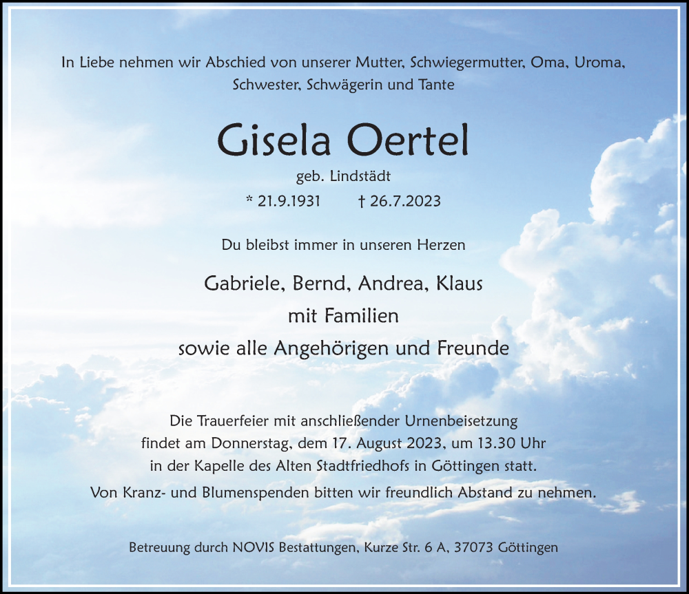  Traueranzeige für Gisela Oertel vom 12.08.2023 aus Göttinger Tageblatt