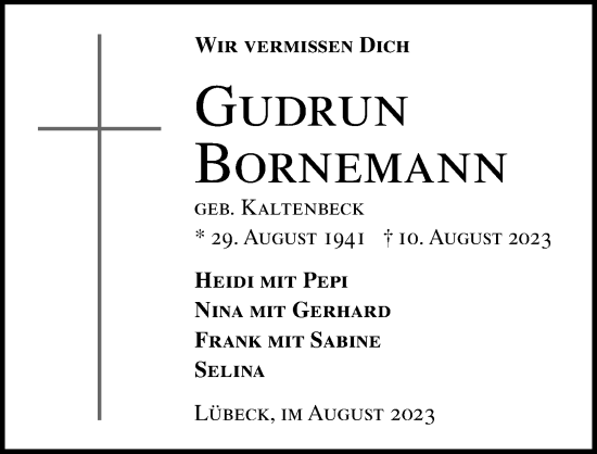 Traueranzeige von Gudrun Bornemann von Lübecker Nachrichten