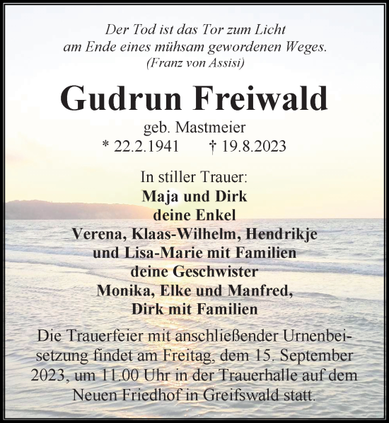 Traueranzeige von Gudrun Freiwald von Ostsee-Zeitung GmbH