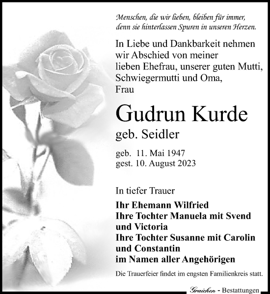 Traueranzeige von Gudrun Kurde von Leipziger Volkszeitung