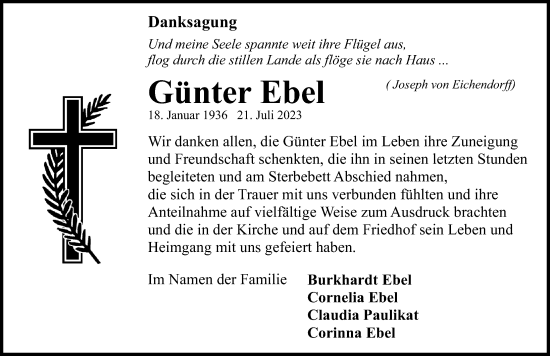 Traueranzeige von Günter Ebel von Ostsee-Zeitung GmbH
