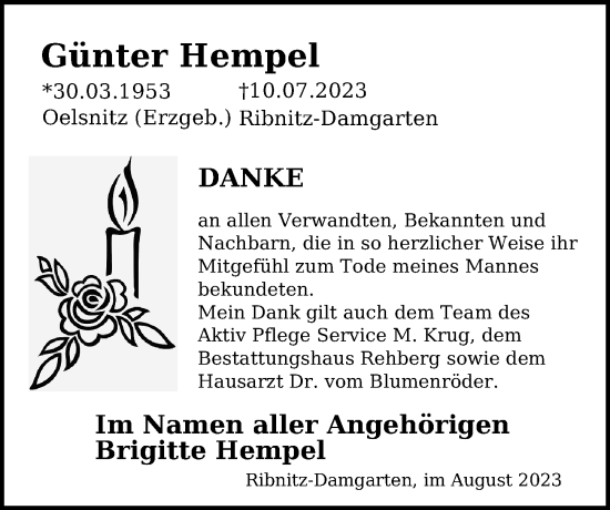 Traueranzeige von Günter Hempel von Ostsee-Zeitung GmbH