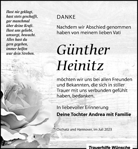 Traueranzeige von Günther Heinitz von Leipziger Volkszeitung