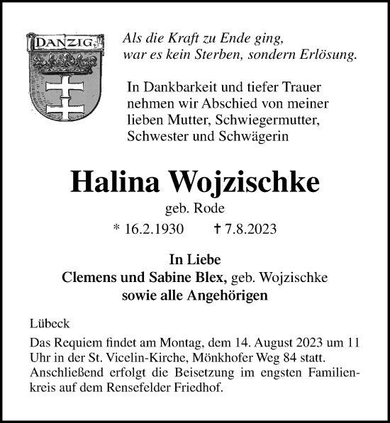 Traueranzeige von Halina Wojzischke von Lübecker Nachrichten