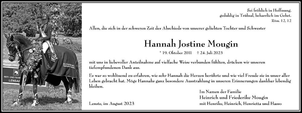  Traueranzeige für Hannah Jostine Mougin vom 27.08.2023 aus Lübecker Nachrichten