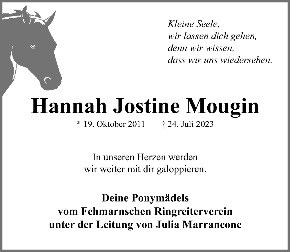  Traueranzeige für Hannah Jostine Mougin vom 01.08.2023 aus Lübecker Nachrichten