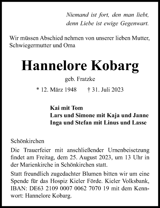Traueranzeige von Hannelore Kobarg von Kieler Nachrichten