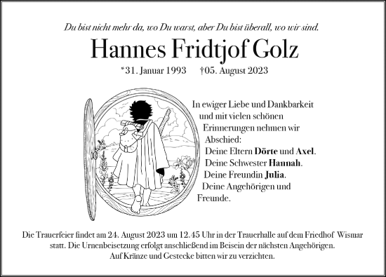 Traueranzeige von Hannes Fridtjof Golz von Ostsee-Zeitung GmbH