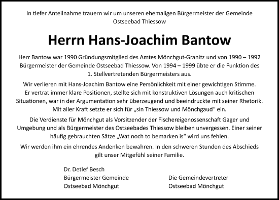 Traueranzeige von Hans-Joachim Bantow von Ostsee-Zeitung GmbH