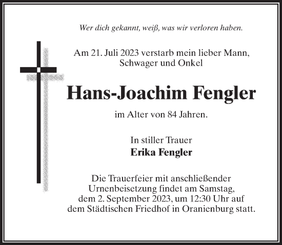 Traueranzeige von Hans-Joachim Fengler von Märkischen Allgemeine Zeitung