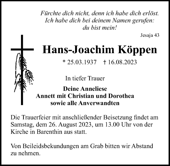 Traueranzeige von Hans-Joachim Köppen von Märkischen Allgemeine Zeitung