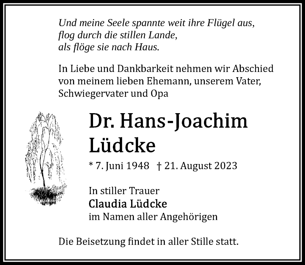  Traueranzeige für Hans-Joachim Lüdcke vom 26.08.2023 aus Märkischen Allgemeine Zeitung