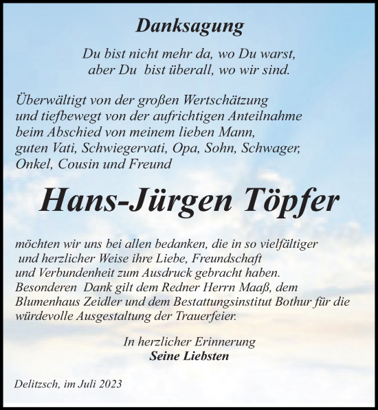 Traueranzeige von Hans-Jürgen Töpfer von Leipziger Volkszeitung