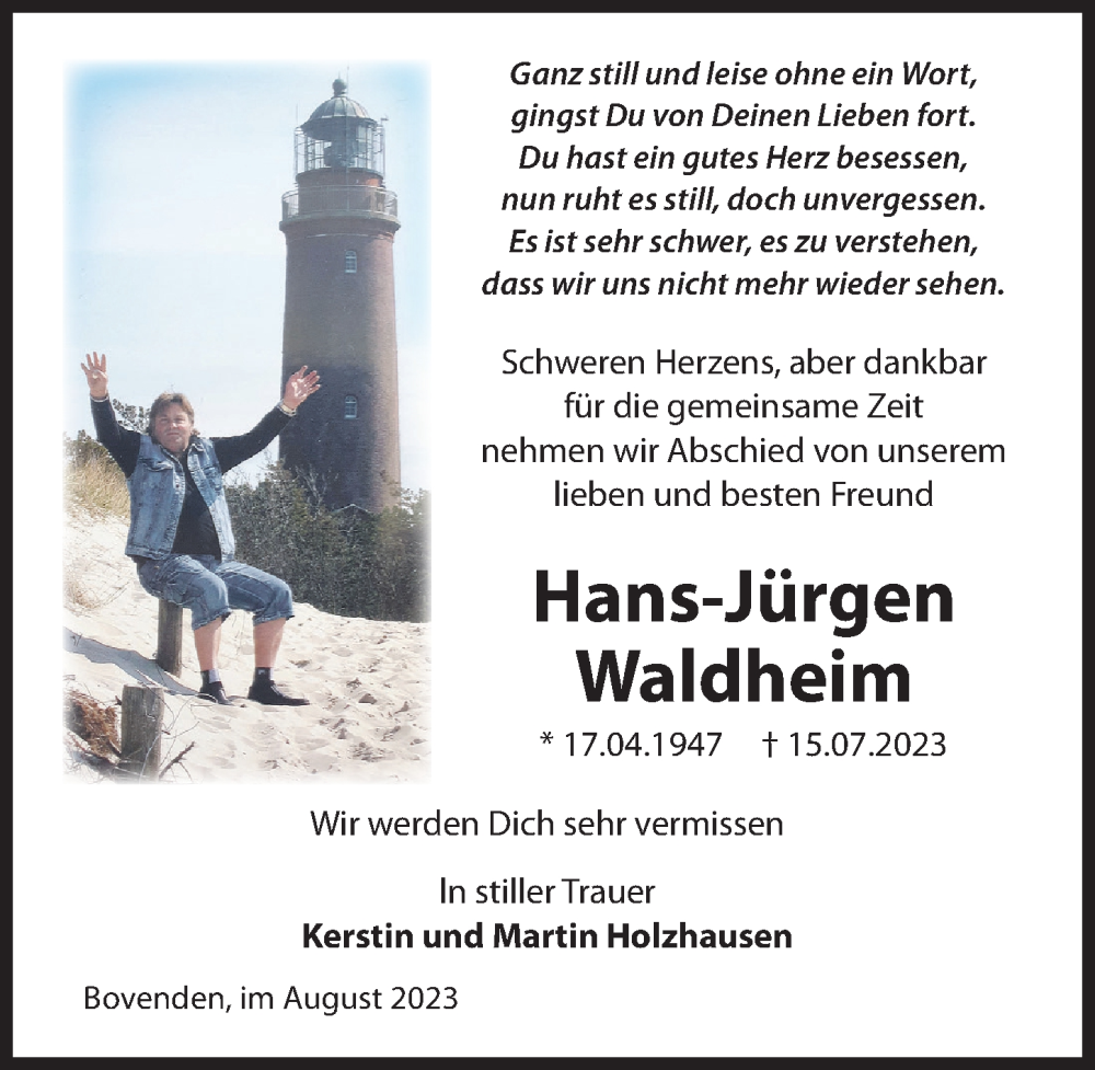  Traueranzeige für Hans-Jürgen Waldheim vom 19.08.2023 aus Göttinger Tageblatt