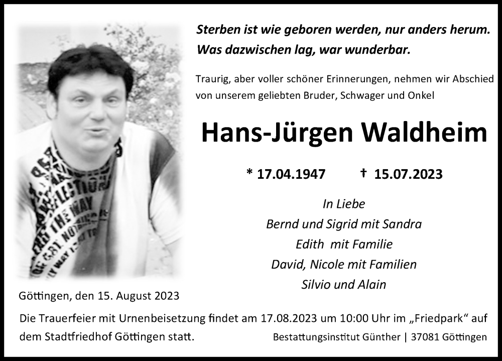  Traueranzeige für Hans-Jürgen Waldheim vom 15.08.2023 aus Göttinger Tageblatt