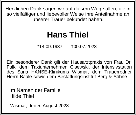Traueranzeige von Hans Thiel von Ostsee-Zeitung GmbH