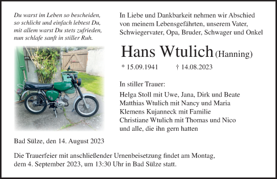 Traueranzeige von Hans Wtulich von Ostsee-Zeitung GmbH
