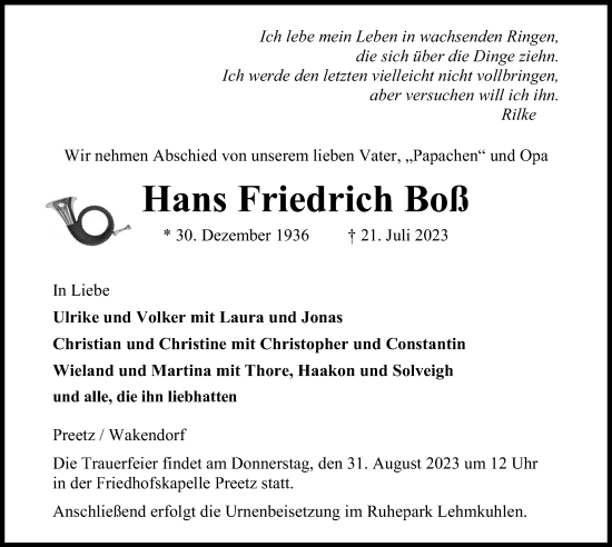 Traueranzeige von Hans Friedrich Boß von Kieler Nachrichten