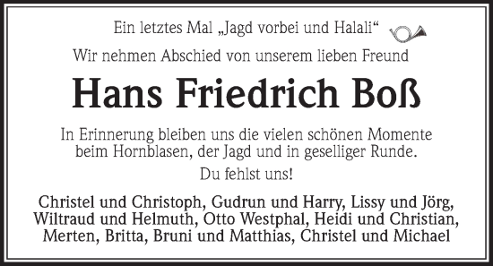 Traueranzeige von Hans Friedrich Boß von Kieler Nachrichten