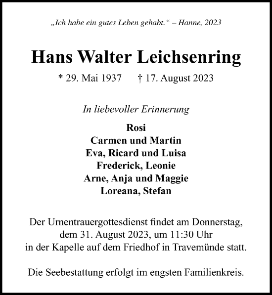 Traueranzeige von Hans Walter Leichsenring von Lübecker Nachrichten