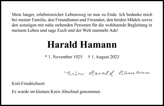 Traueranzeige von Harald Hamann von Kieler Nachrichten