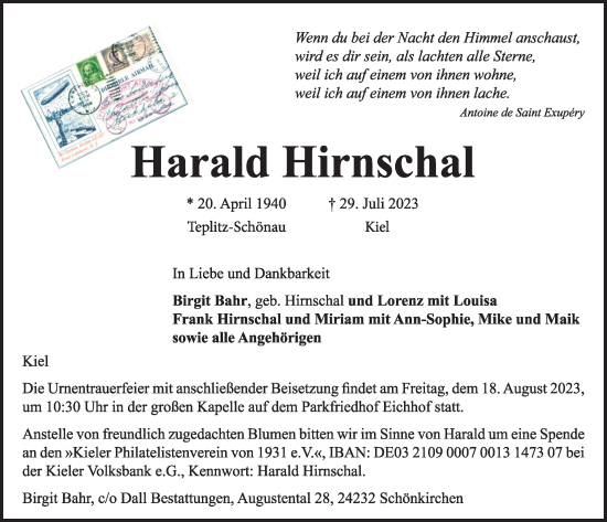 Traueranzeige von Harald Hirnschal von Kieler Nachrichten