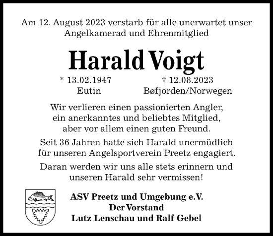 Traueranzeige von Harald Voigt von Kieler Nachrichten