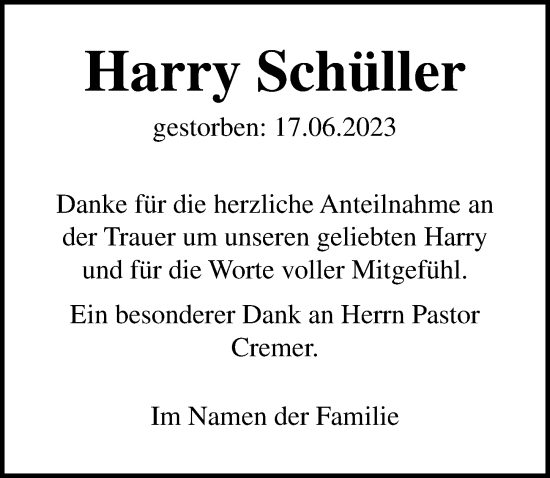 Traueranzeige von Harry Schüller von Ostsee-Zeitung GmbH