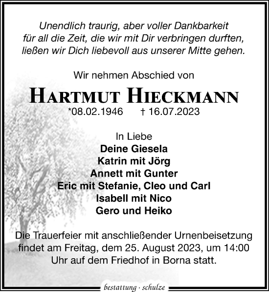 Traueranzeige von Hartmut Hieckmann von Leipziger Volkszeitung