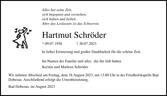 Traueranzeige von Hartmut Schröder von Ostsee-Zeitung GmbH