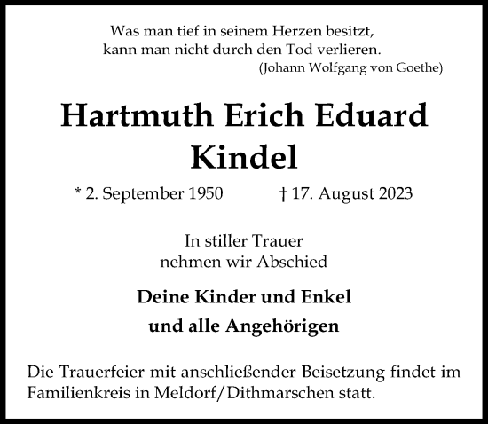 Traueranzeige von Hartmuth Erich Eduard Kindel von Ostsee-Zeitung GmbH